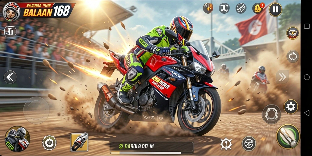 Gameplay seru dan mendebarkan di BAGINDA168 saat balapan motor.
