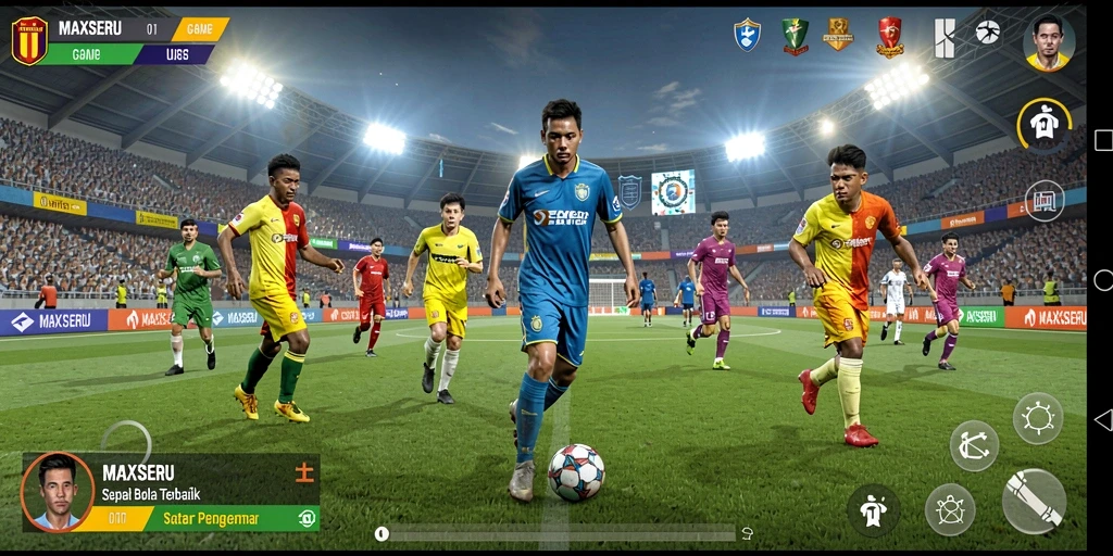 Screenshot gameplay dari MAXSERU yang menunjukkan aksi pertandingan sepak bola.