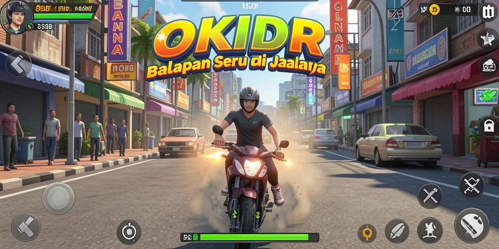 Gameplay balap seru di OKIDR dengan mobil cepat dan lintasan menantang.