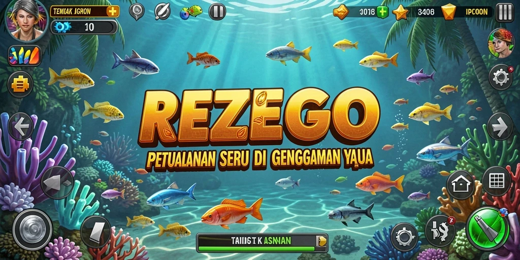Gameplay seru di REZEGO dengan berbagai ikan berwarna-warni.