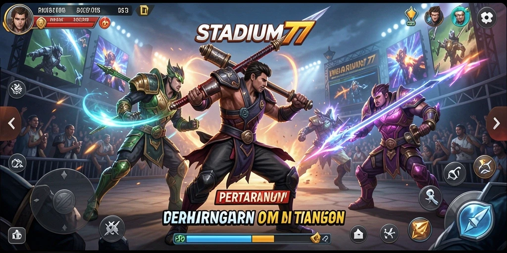 Tampilan screenshot STADIUM77 menampilkan pertarungan epik antara karakter yang berbeda.