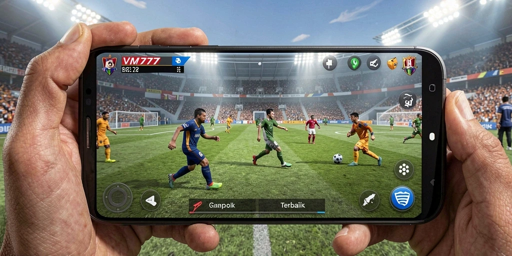 Screenshot gameplay VM777 menampilkan aksi sepak bola yang mendebarkan.